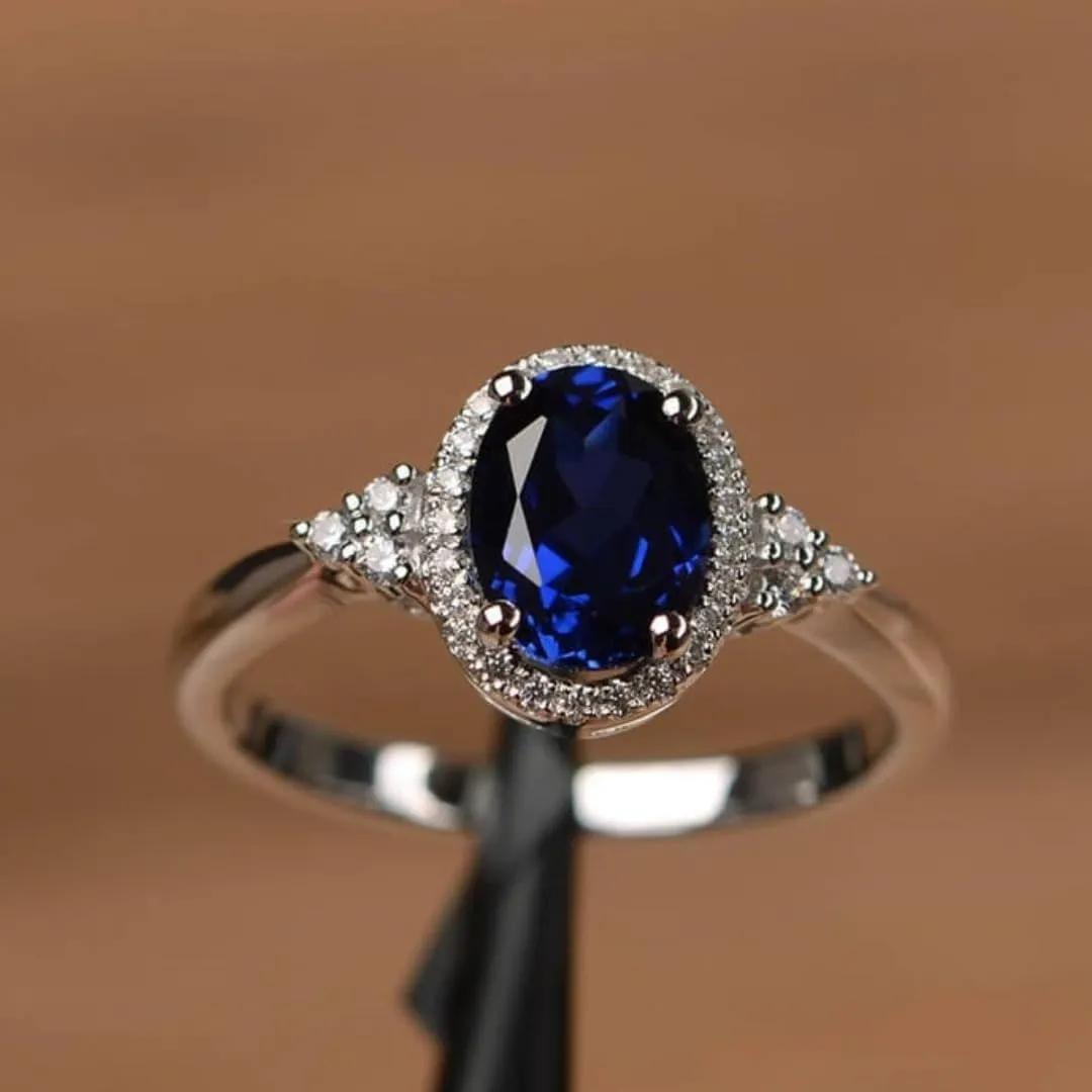 Ring, Sterling Silver, Vintage ring for women Oval Blue Sapphire initiate majestic gold boon and Diamond Halo Engagement 