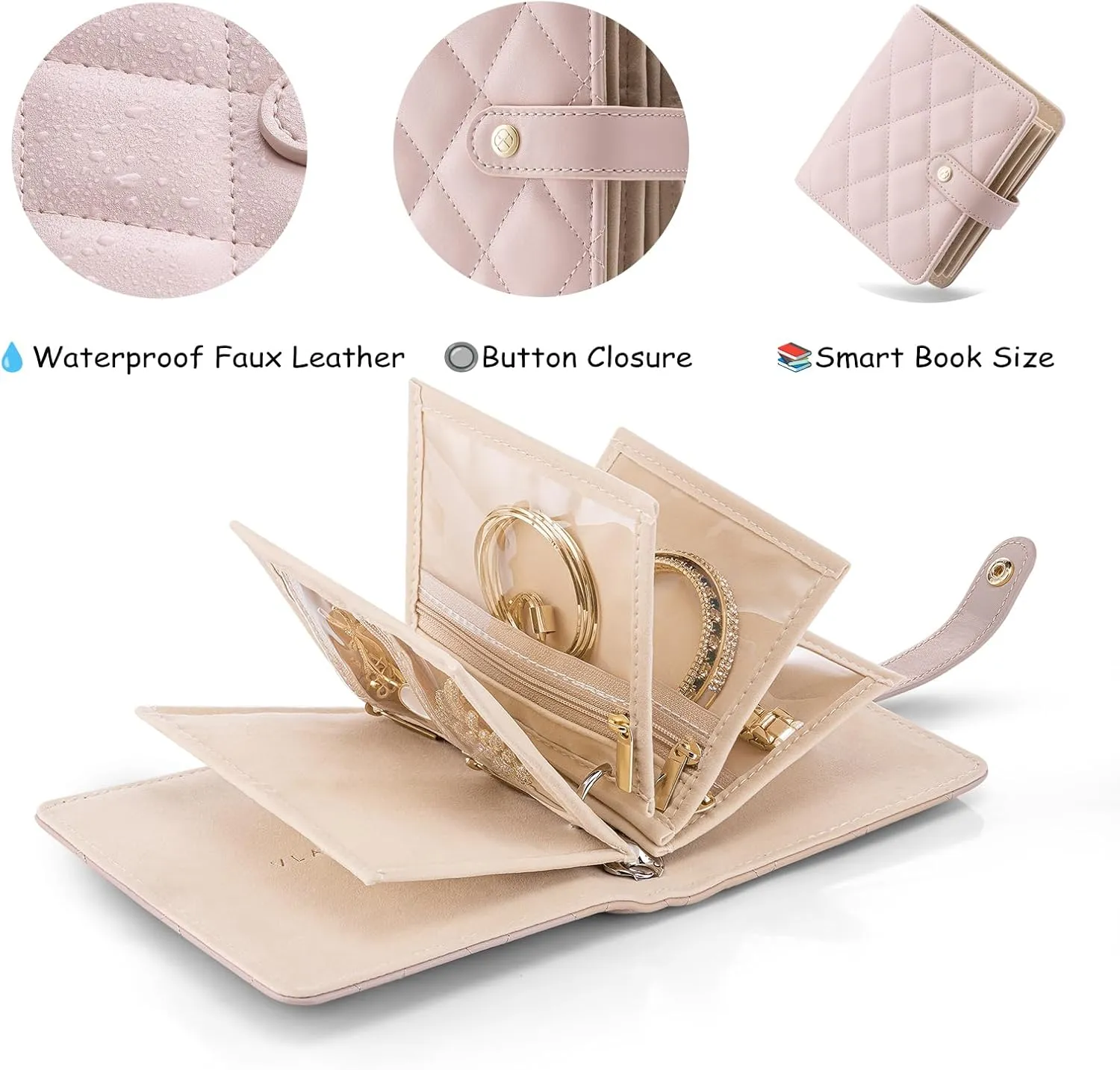 Rings, Earrings, Tangle-Free, Giftable,Barely Pink Vlando Small Jewelry Book Organizer - Leather Travel Jewelry Case with lavish translucent painful unnatural gymnasium 5 Detachable Pages for Necklaces, 