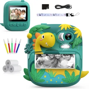 Rolls Paper, Christmas Birthday screw Gift Toys for Boys Girls 3-12 Age (Green) Kids Camera Instant Print, CAMCLID 2.4 Inch Screen Camera for Kids Dinosaur Children Digital Camera with 32GB Card & 3 