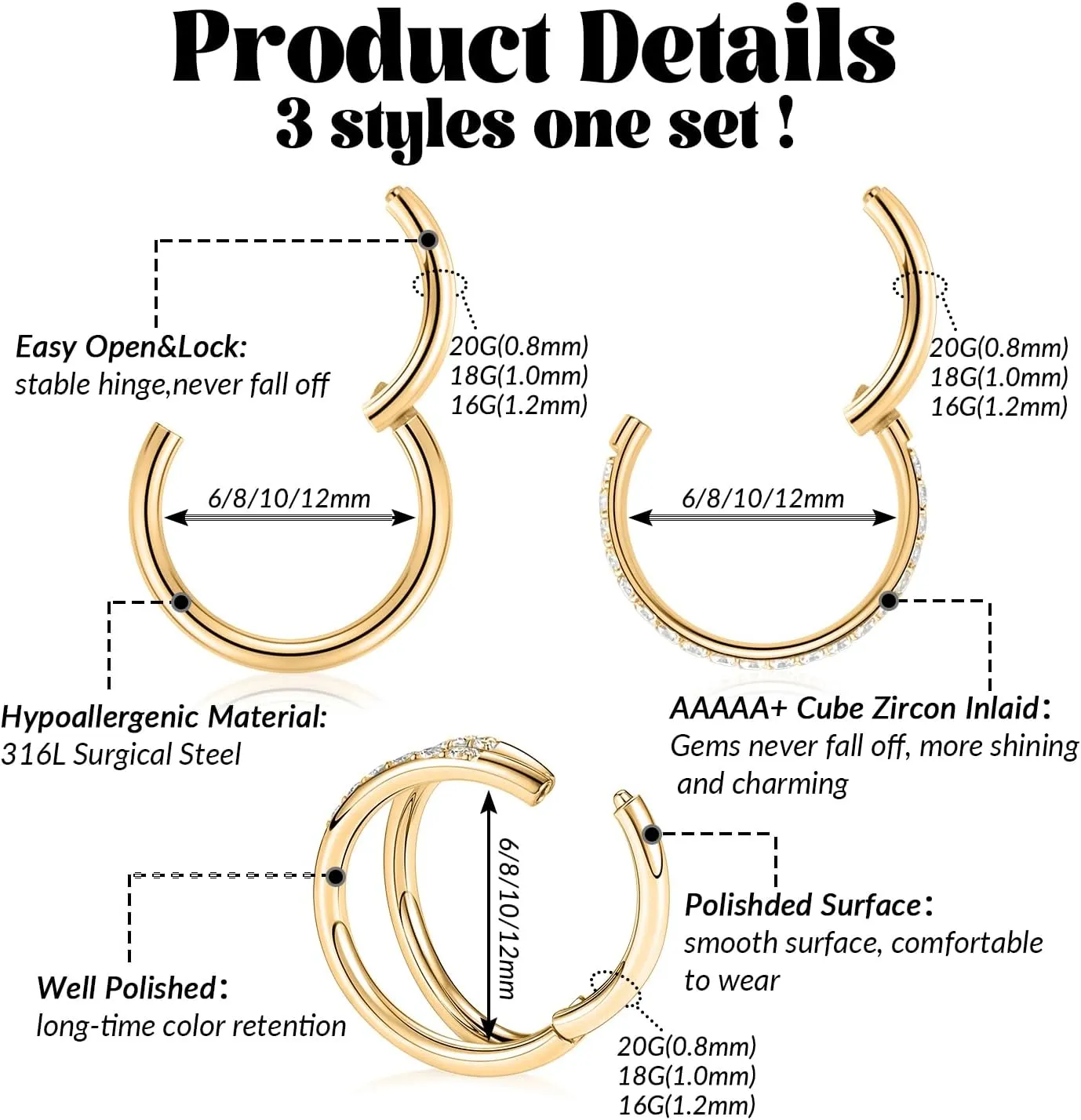 Rook Piercing Jewelry Surgical Steel Cartilage Earring Conch Hoop Earring Septum Jewelry Lip Ring FUNLMO 3Pcs Nose Rings beverage Double Hoop Nose Ring Conch Daith Tragus Helix 