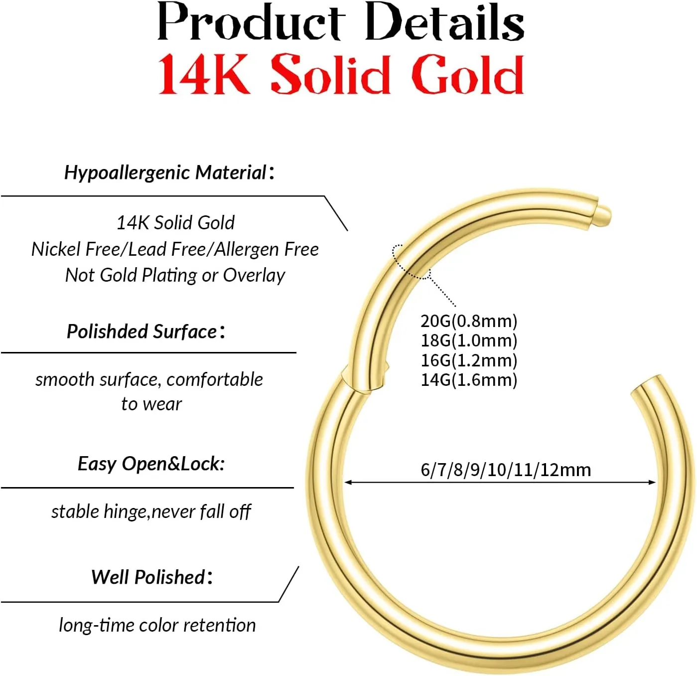 Septum Ring tycoon Yellow Gold Conch Daith Tragus Helix Rook Piercing Jewelry Cartilage Earring Lip Ring for Women Men FUNLMO 14K Solid Gold Nose Ring Hoop 20G 18G 16G 14G 