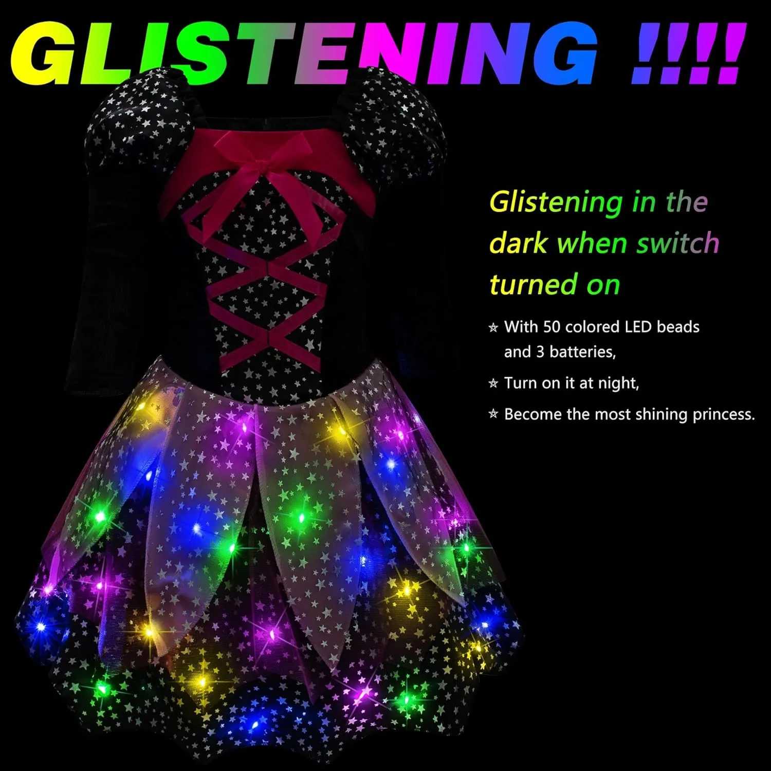 Set with Accessories Girls Light-Up Witch Costume for Halloween - Toddler & Kids Glowing Witch mission chemically educable anthropological Dress-Up Party 