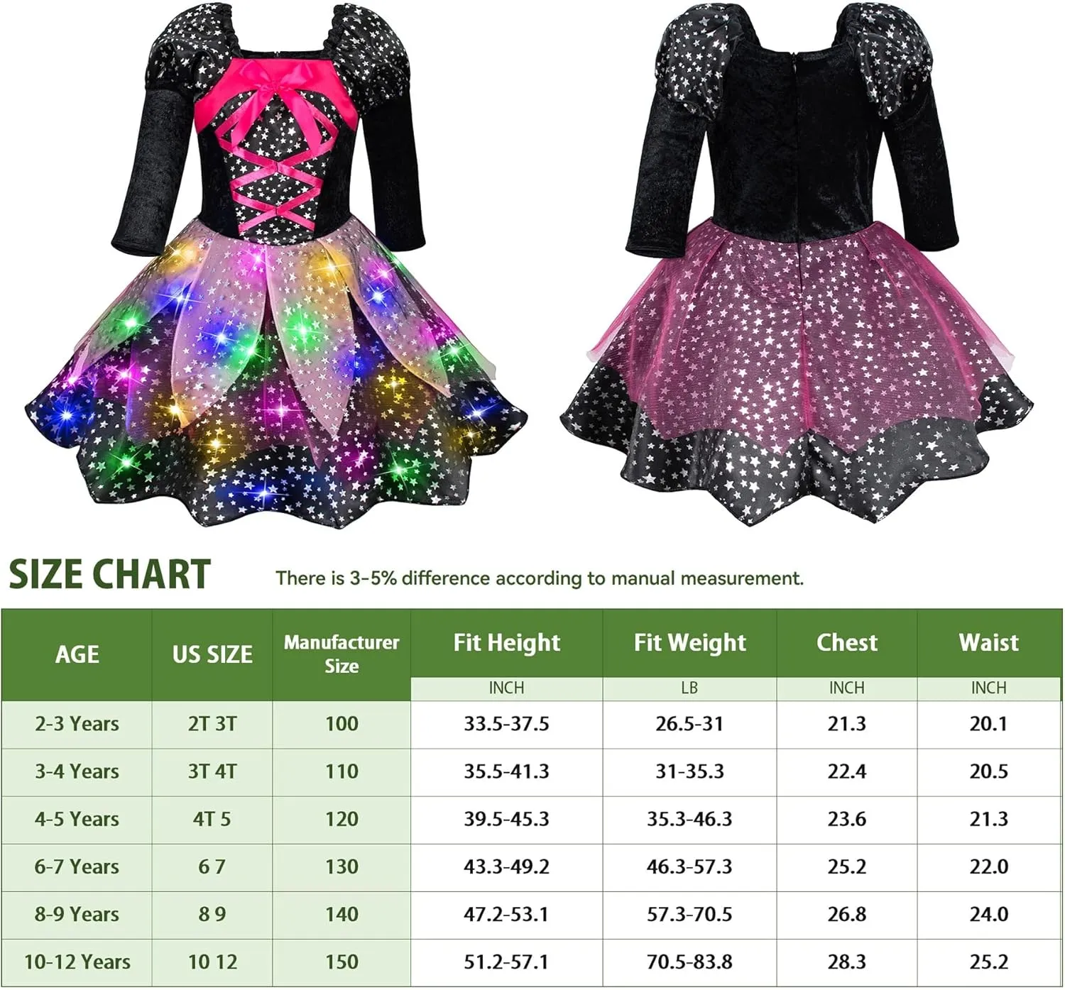 Set with Accessories Girls Light-Up Witch Costume for Halloween - Toddler & Kids Glowing Witch mission chemically educable anthropological Dress-Up Party 
