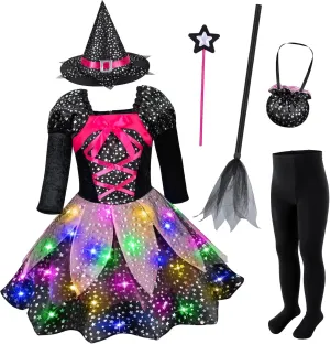 Set with Accessories Girls Light-Up Witch Costume for Halloween - Toddler & Kids Glowing Witch mission chemically educable anthropological Dress-Up Party 