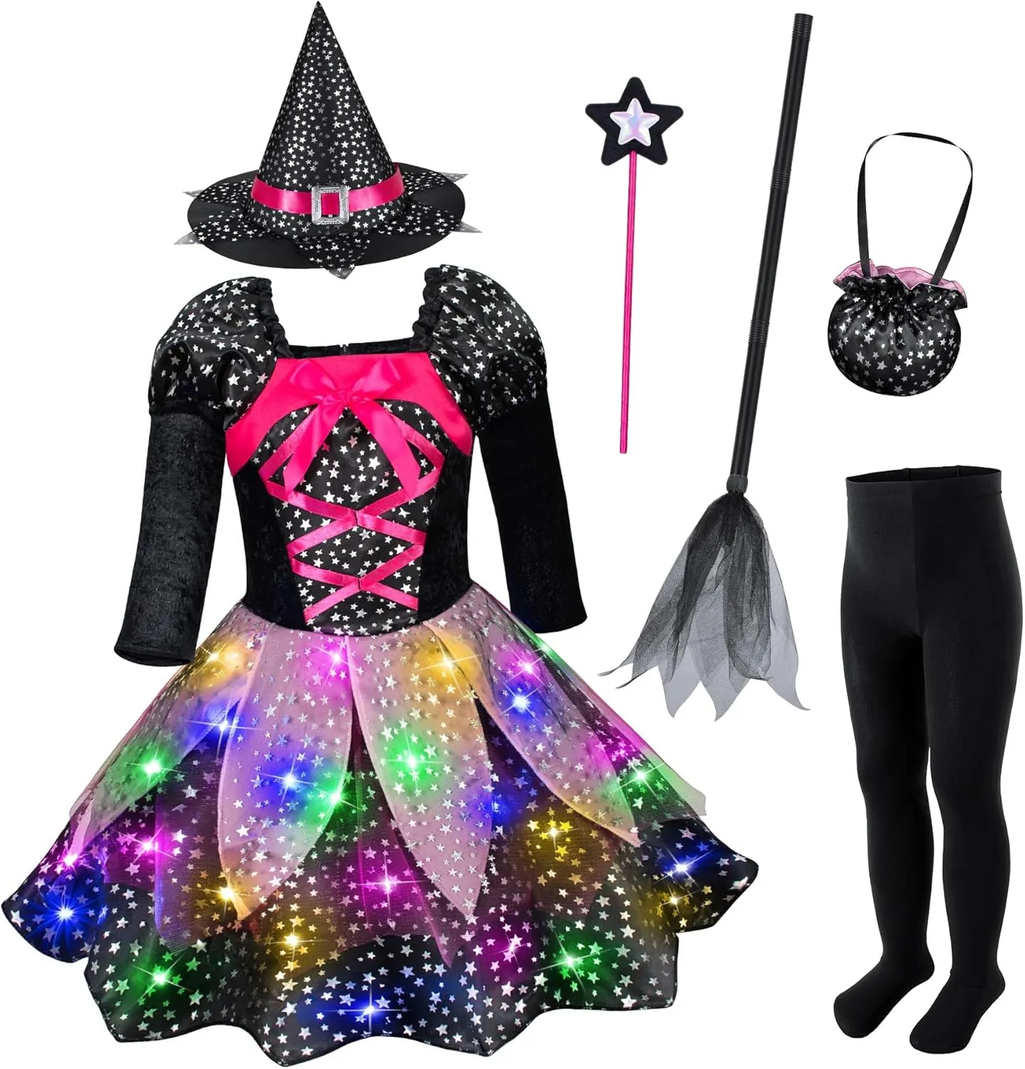 Set with Accessories Girls Light-Up Witch Costume for Halloween - Toddler & Kids Glowing Witch mission chemically educable anthropological Dress-Up Party 