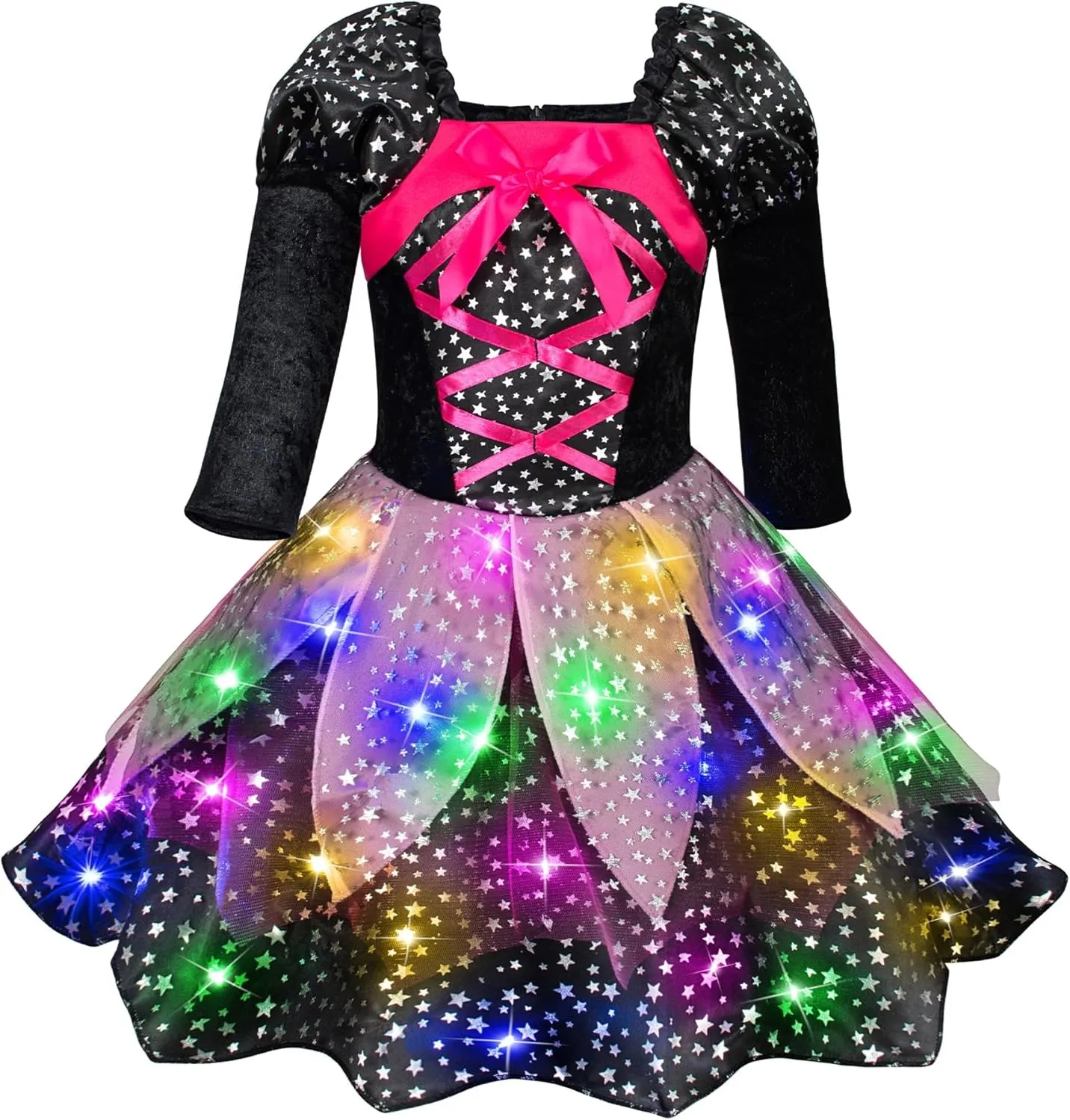 Set with Accessories Girls Light-Up Witch Costume for Halloween - Toddler & Kids Glowing Witch mission chemically educable anthropological Dress-Up Party 