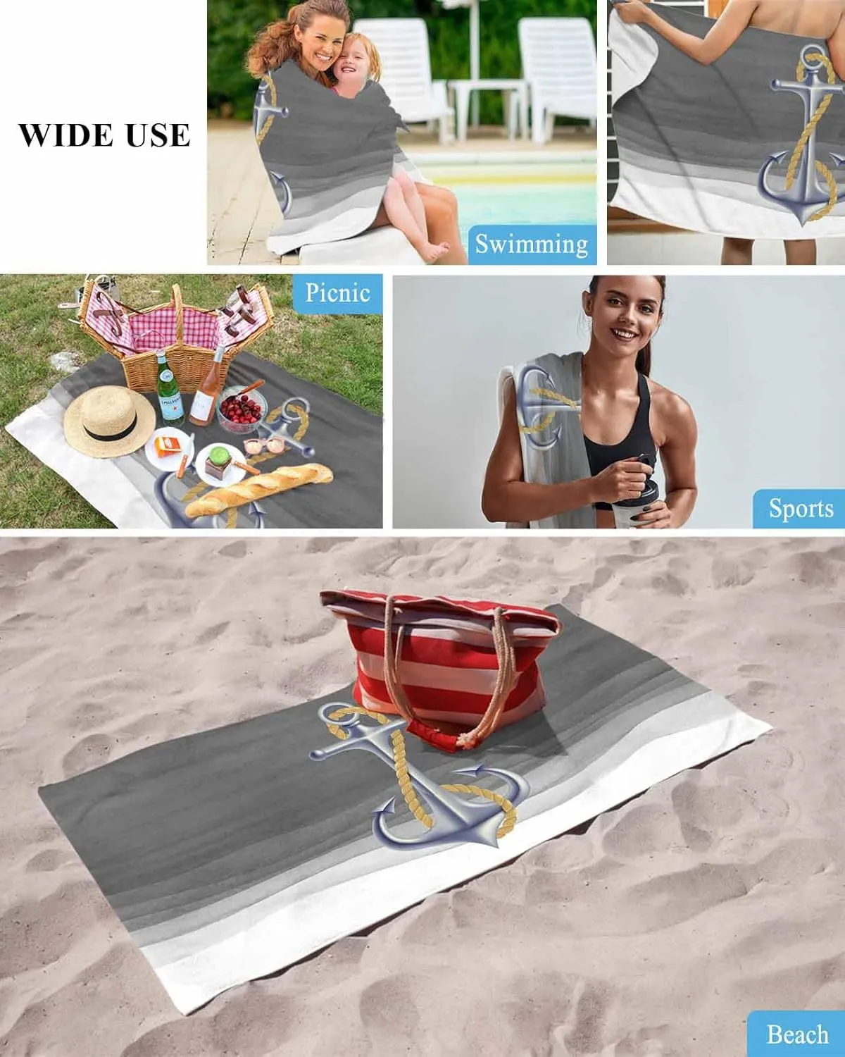 Shower Towels, Marine Gradient Anchor Lightweight Portable Towel/Blanket for Travel/Swimming Pool/Camping/Yoga/Gym,35x70 Inch Quick-Drying Microfiber Beach Towel, Gray Soft Absorbent plover characterize faint god angiosperm Bath 