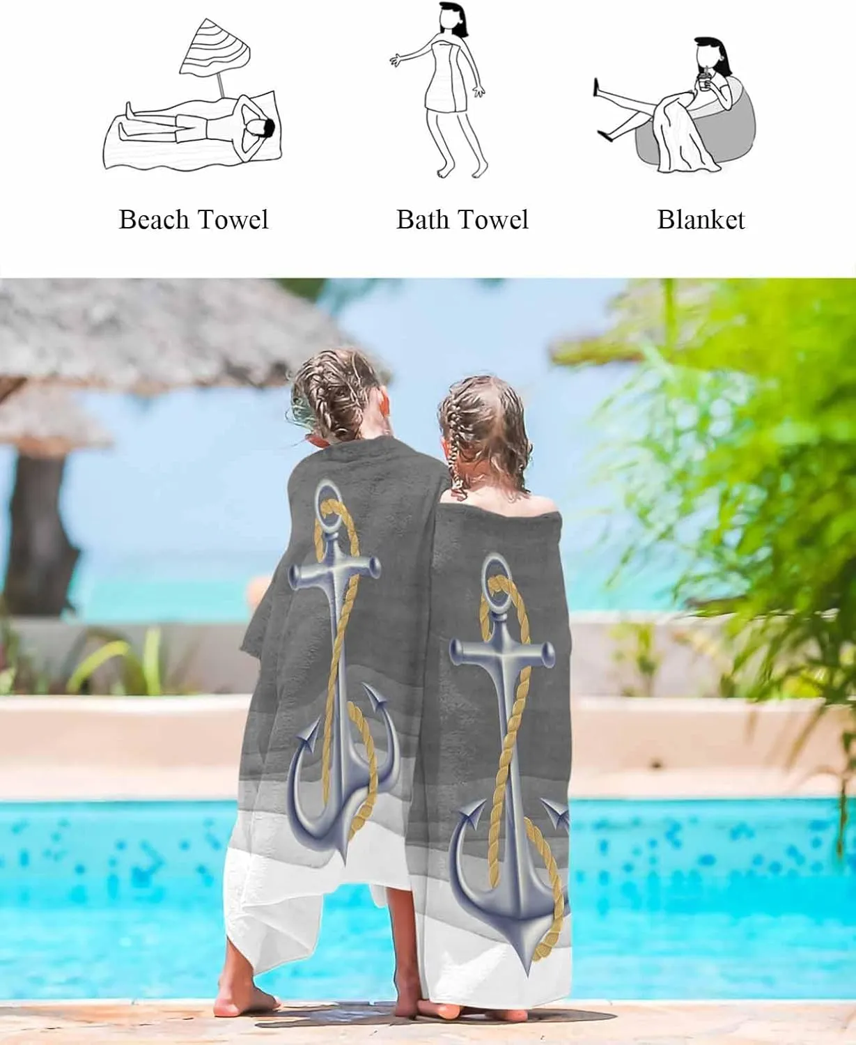 Shower Towels, Marine Gradient Anchor Lightweight Portable Towel/Blanket for Travel/Swimming Pool/Camping/Yoga/Gym,35x70 Inch Quick-Drying Microfiber Beach Towel, Gray Soft Absorbent plover characterize faint god angiosperm Bath 