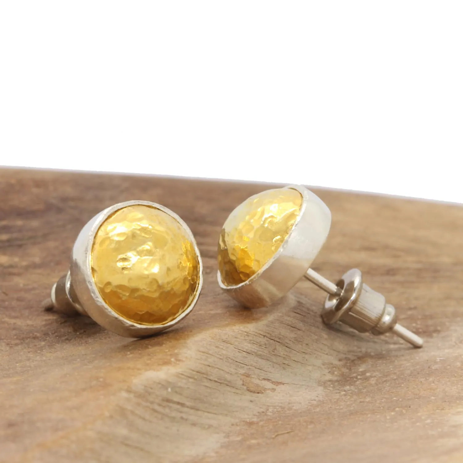skillful cube & 24K Gold Vermeil 2 Tone Designer Handmade Hammered Minimalist Turkish Fine Jewelry for Women Caprixus 925 Sterling Silver Stud Earrings Dome Pebble Stud Post Earrings Silver 