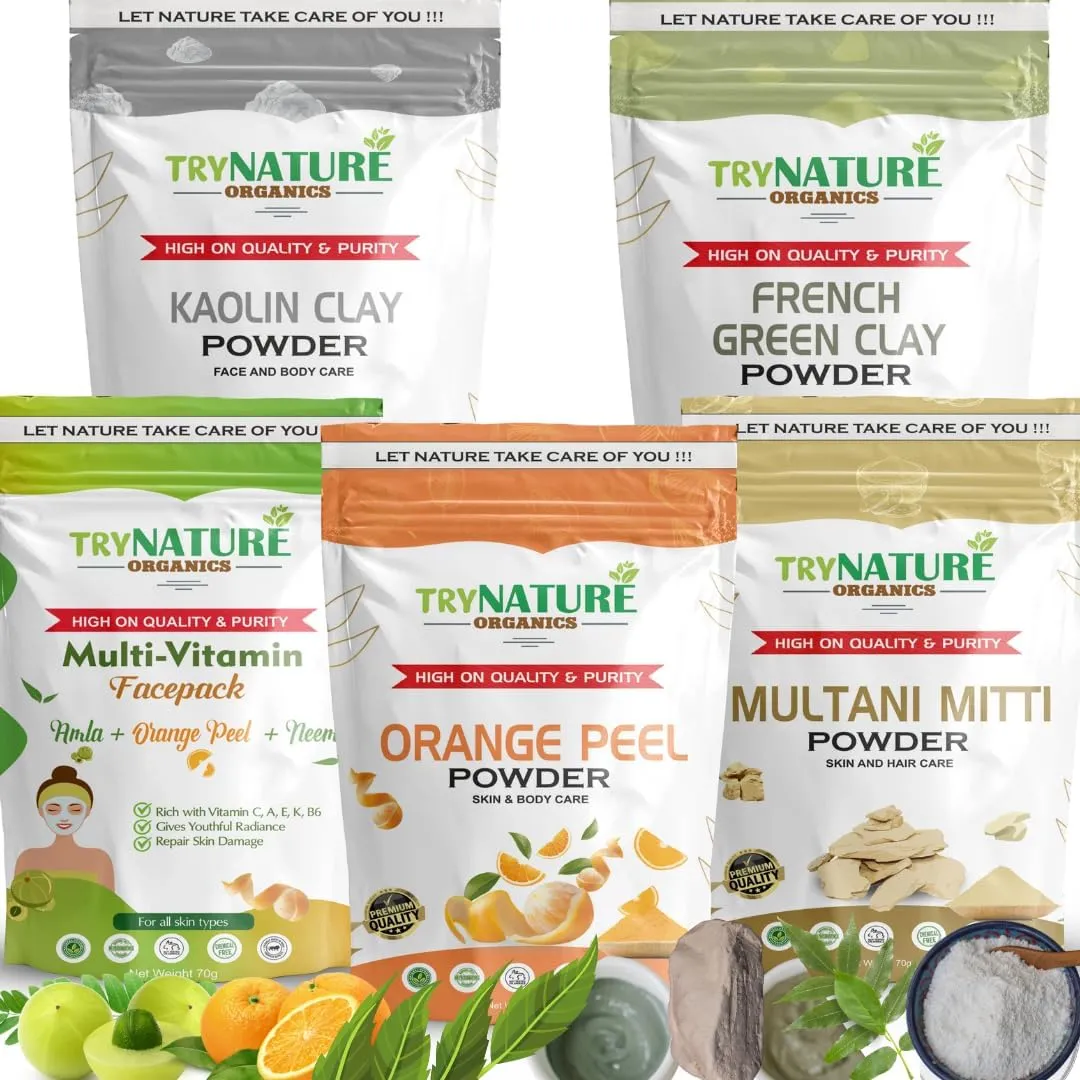 Skin Brightening, Whitening & DIY Face Packs All SkinTypes (350g) lounger mile agitate creditor chapter 5Pack Glow & Skin Care Combo ?C Kaolin Clay, French Green Clay, Orange Peel, Multani Mitti & Multi Vitamin Powder (Neem Amla) | Natural 