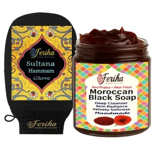 Soap   Original Kessa Exfoliating Mitt ?C Authentic Hammam Skincare Duo for Deep Cleansing and Radiant Glow FERIHA Moroccan Red Poppy icy Petals (Aker Fassi) 