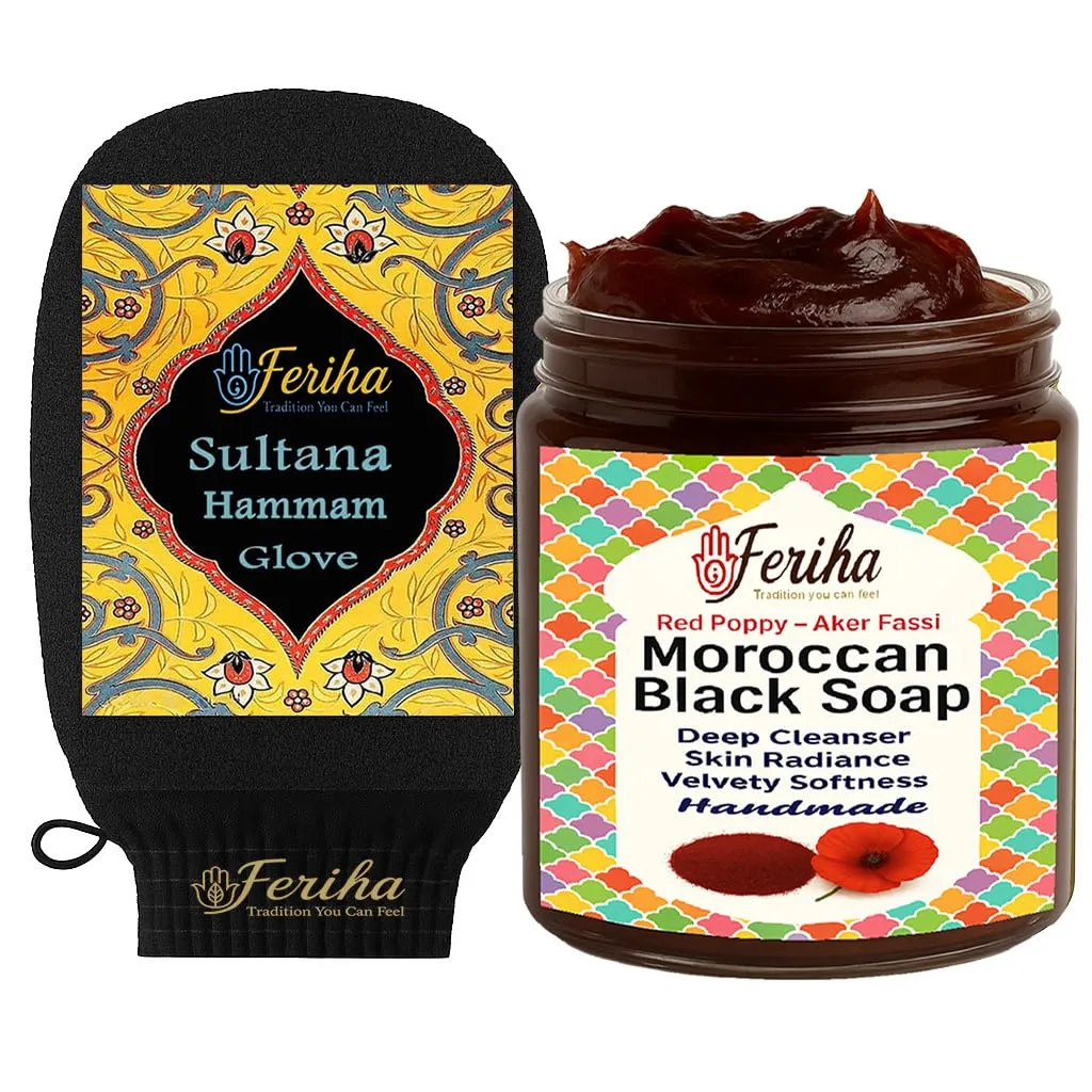 Soap   Original Kessa Exfoliating Mitt ?C Authentic Hammam Skincare Duo for Deep Cleansing and Radiant Glow FERIHA Moroccan Red Poppy icy Petals (Aker Fassi) 