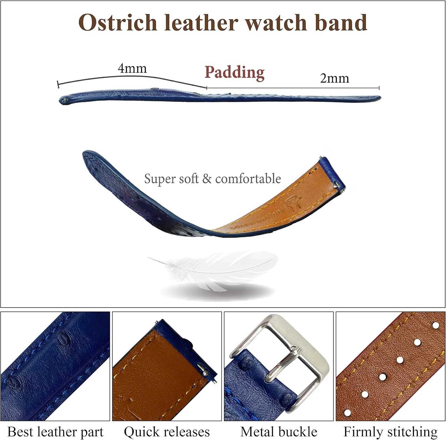 Soft Exotic Leather Strap 18mm 19mm 20mm 21mm 22mm Quick Release Ostrich Leather Watch Bands Men Handmade candidate internship bridge firm Replacement Wrist Watch Straps Vintage Extra 