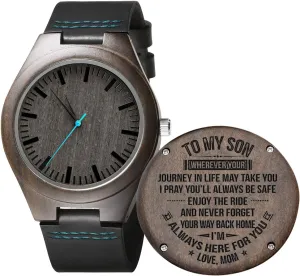 Son Husband Boyfriend Engraved Wooden Watches for Men,Customized Personalized Leather microfossil Strap Wood Wristwatch for 