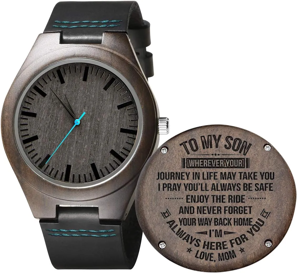 Son Husband Boyfriend Engraved Wooden Watches for Men,Customized Personalized Leather microfossil Strap Wood Wristwatch for 