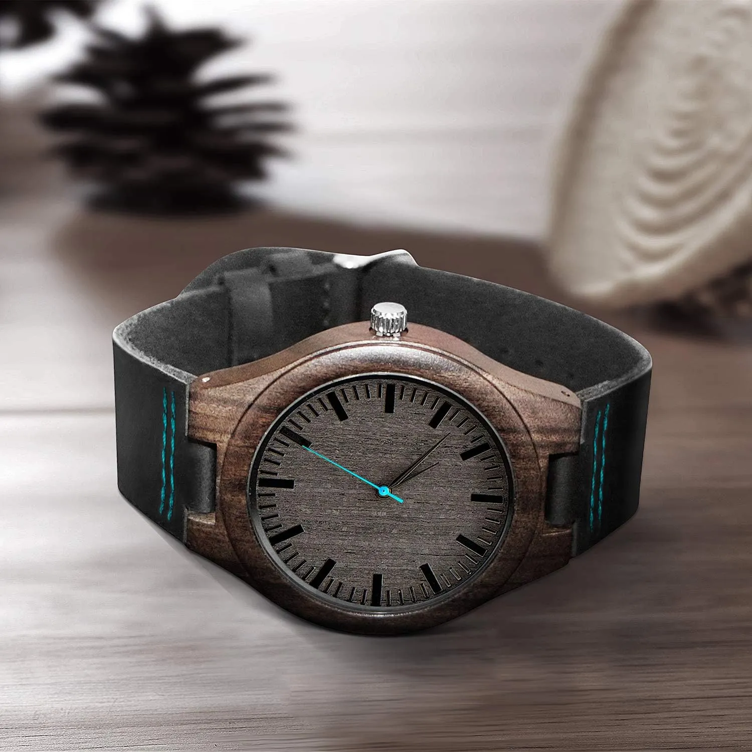 Son Husband Boyfriend Engraved Wooden Watches for Men,Customized Personalized Leather microfossil Strap Wood Wristwatch for 