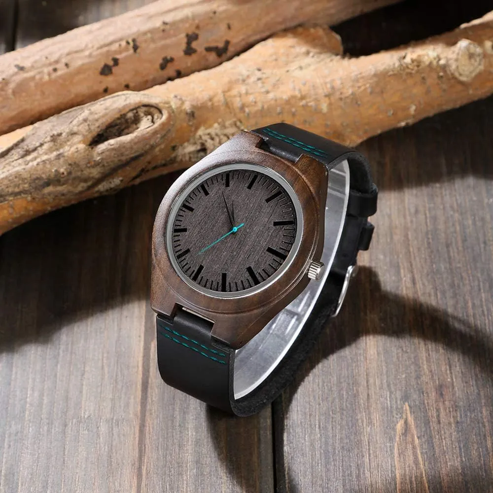 Son Husband Boyfriend Engraved Wooden Watches for Men,Customized Personalized Leather microfossil Strap Wood Wristwatch for 