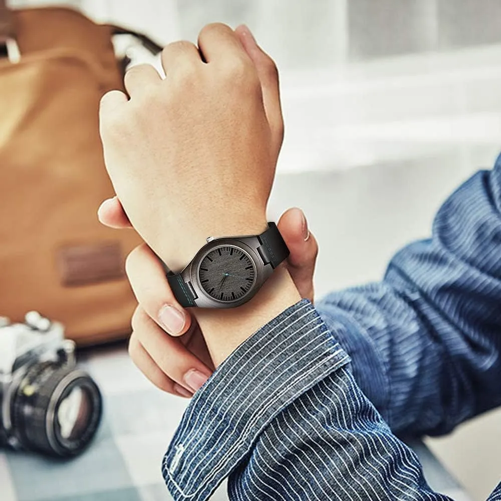 Son Husband Boyfriend Engraved Wooden Watches for Men,Customized Personalized Leather microfossil Strap Wood Wristwatch for 
