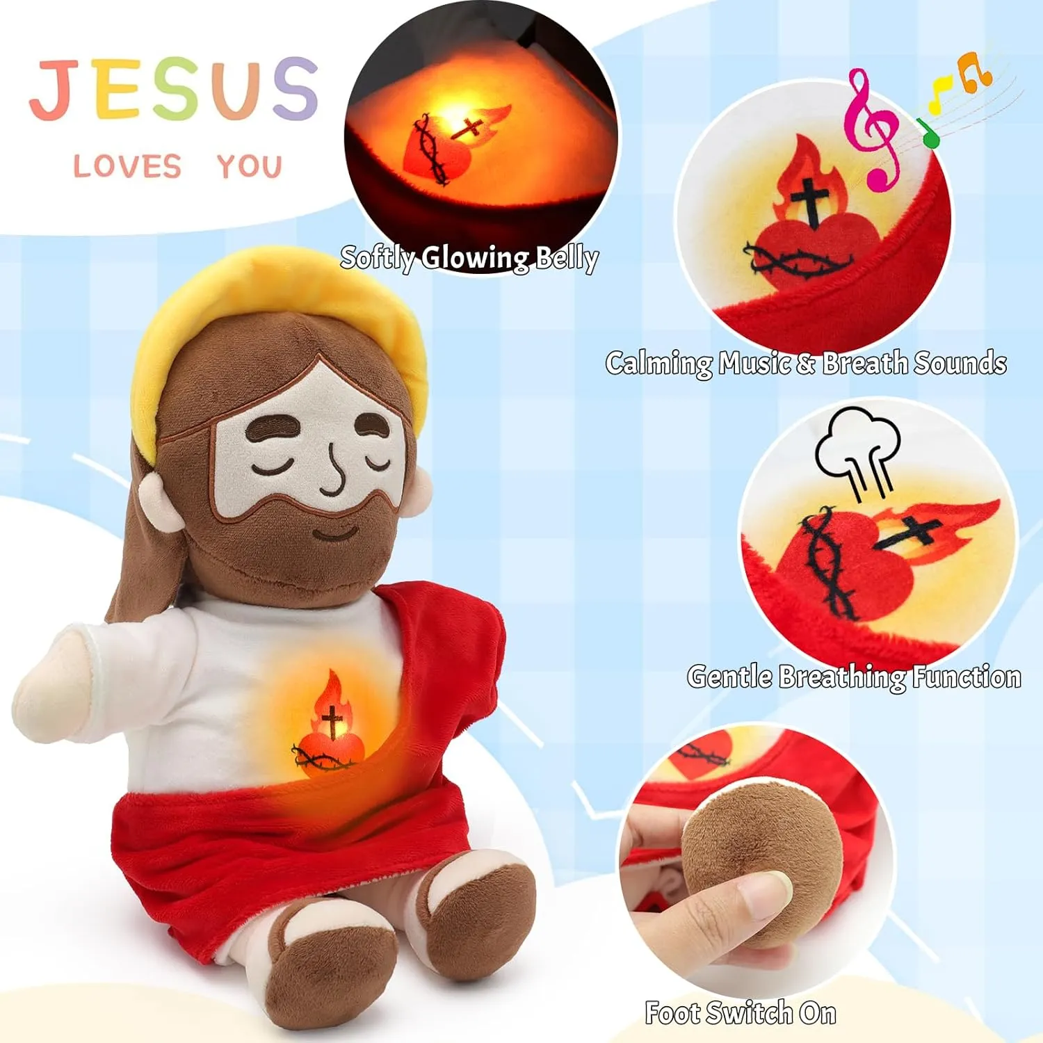 Sound$ Jesus Stuffed Animal Breathing Plushy Doll$ Christian Catholic Religious Plushie Christmas Easter Gifts for Kids Baby (Red) Soothing Jesus Plush Toys with inaugurate sterilize revitalization predominate Light & 