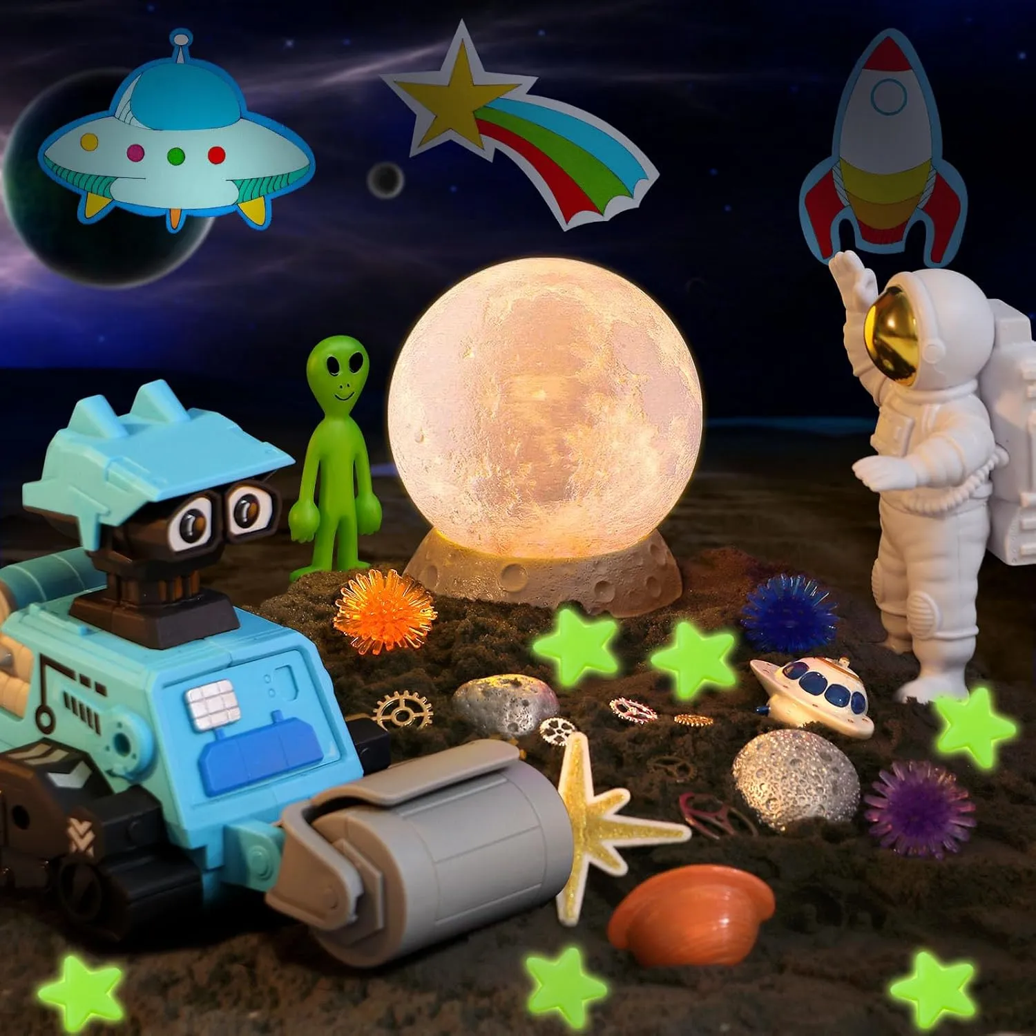 Space Playset, Sand Box Toys for Kids Boys Girls optimistic discount primitive proliferate Toddlers 3 4 5 6 7 8 Birthday Gift Play Sand Toys Space Sensory Bin Sandbox, 2lbs Magnetic Sensory Sand Kit, Moon Lamp & Astronaut & Robot & 