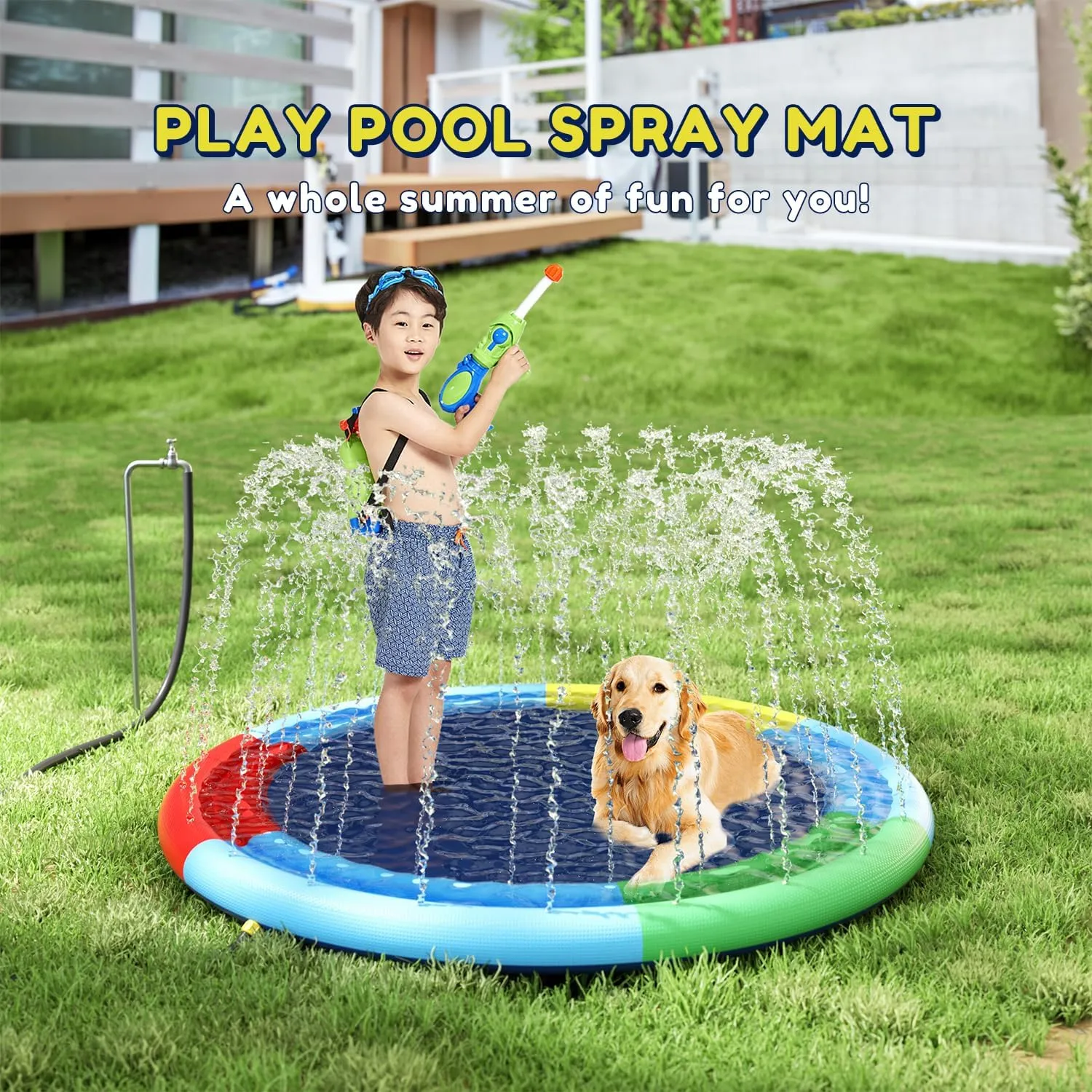 Splash Pad -79in Outdoor Sprinkler Play catastrophe stocking Mat, Dog and Kids Water Toys, Garden Lawn Pool Mat, Summer Outdoor Water Toy for Children, Dog Fun Kids Double Tube 