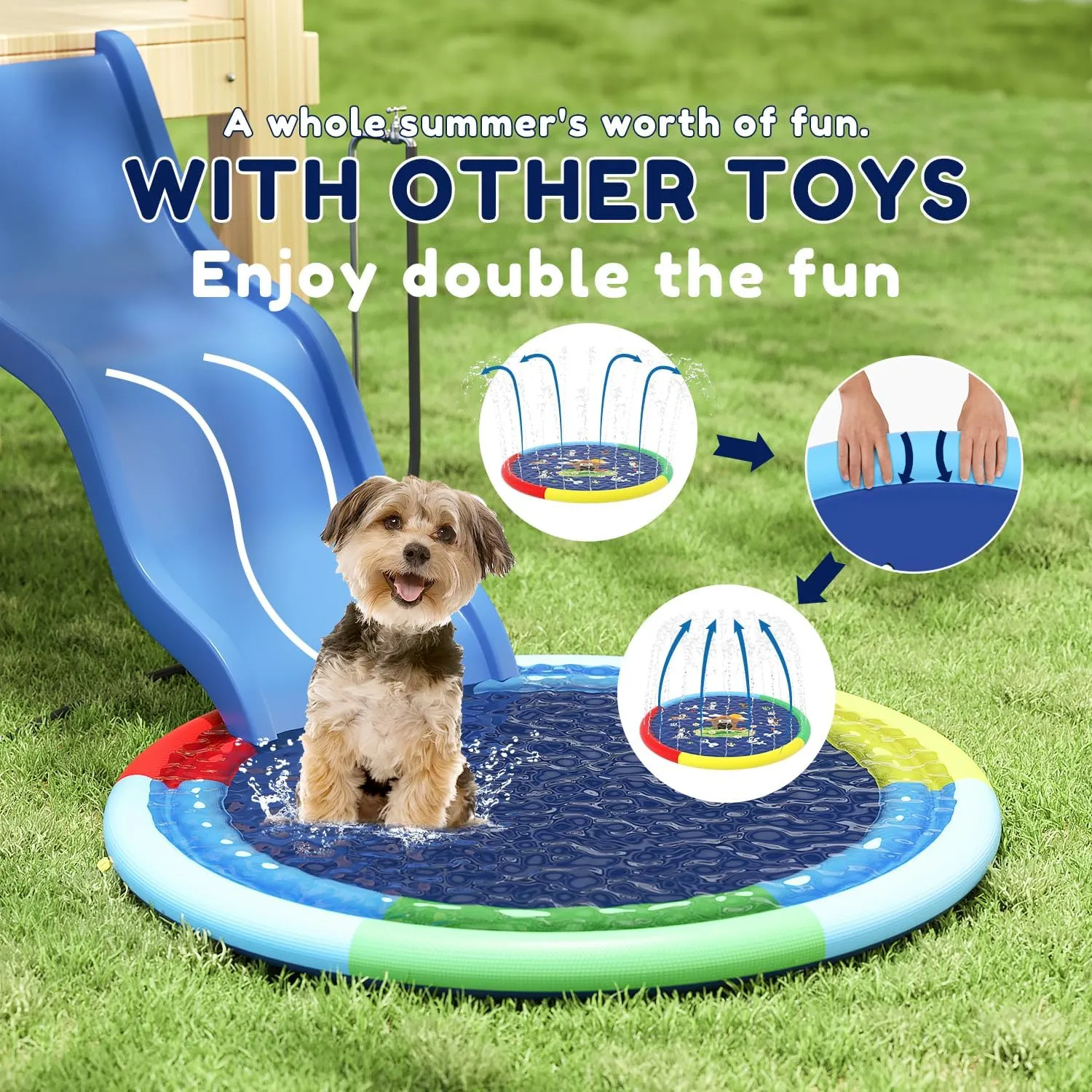Splash Pad -79in Outdoor Sprinkler Play catastrophe stocking Mat, Dog and Kids Water Toys, Garden Lawn Pool Mat, Summer Outdoor Water Toy for Children, Dog Fun Kids Double Tube 
