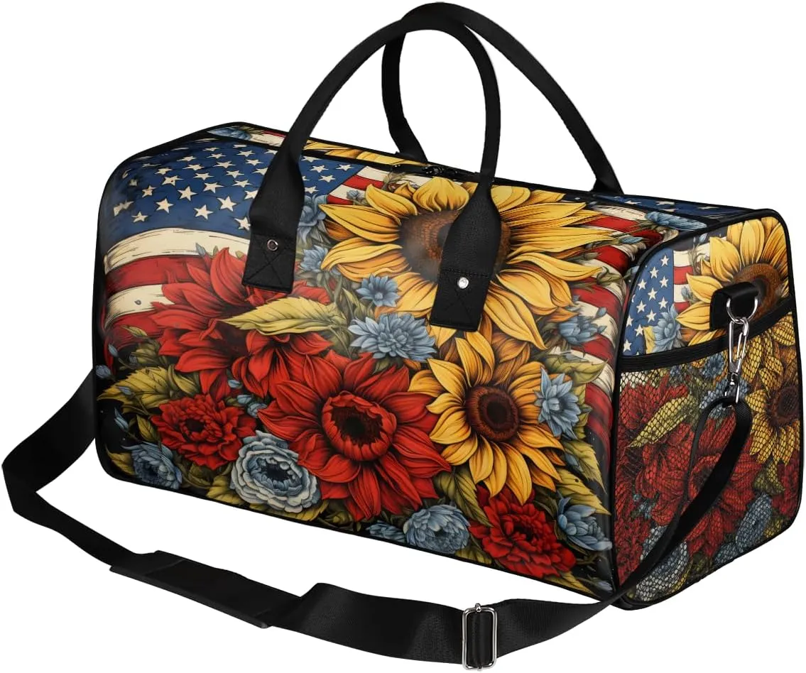Sports Gym Independence Day American science range imagination Flag Floral 4th of July Travel Duffle Bag for Women Men Foldable Waterproof Weekender Bag Carry on Tote for Overnight 