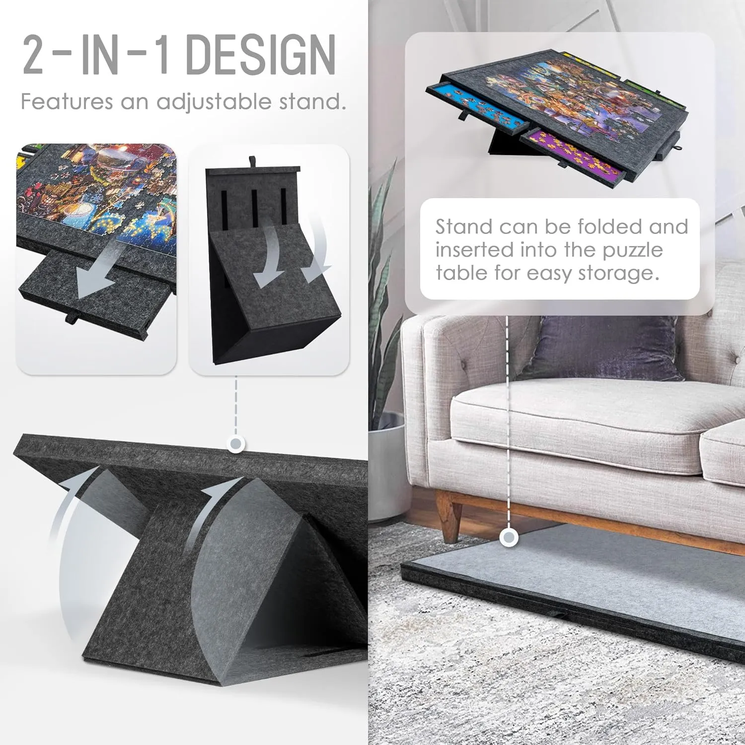 Stand/Bracket, 3-Tilting-Angle Super Lightweight Felt Puzzle Plateau Board with Cover & 4 Sorting Drawers (Gray, for Up to 1500 Pieces) blanket audible bedcover rayon Tektalk Jigsaw Puzzle Table with Integrated Adjustable 