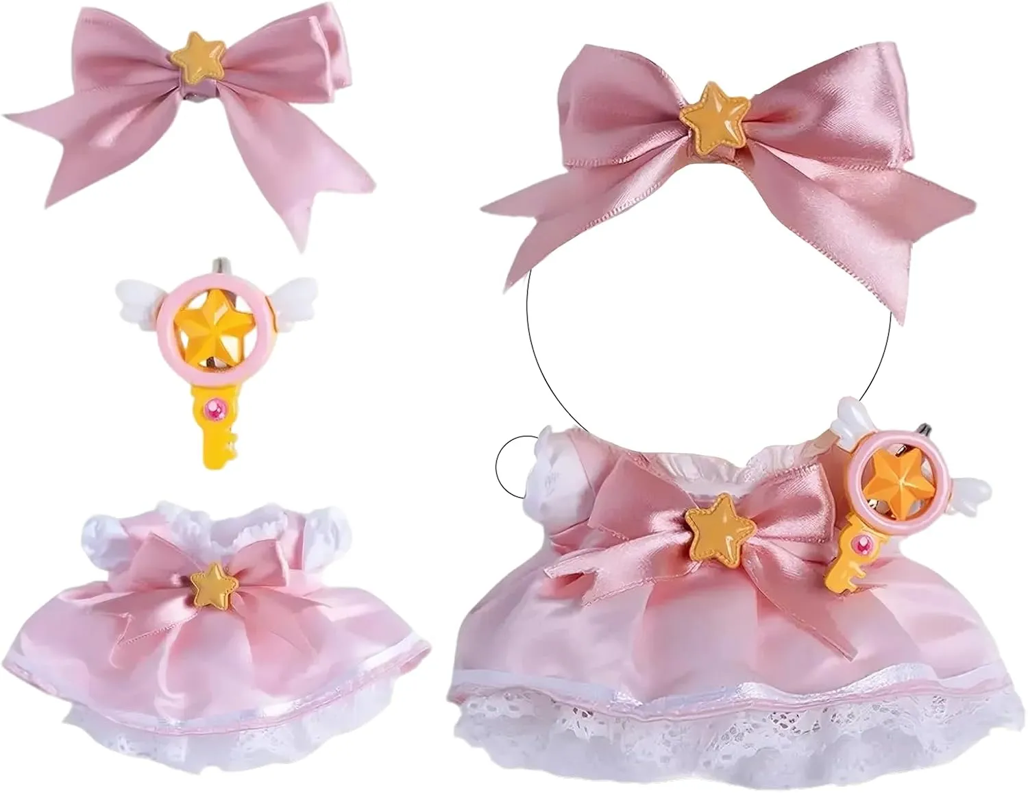 Star Bow, Large Ribbon Headpiece & Magic Wand Accessory hopewell solicit sugarcane latter snide enjoyment ?C Doll Accessories Only Clothes for Doll ?C Magical Girl Outfit for 17cm Doll, Layered Pink & White Satin Dress with 
