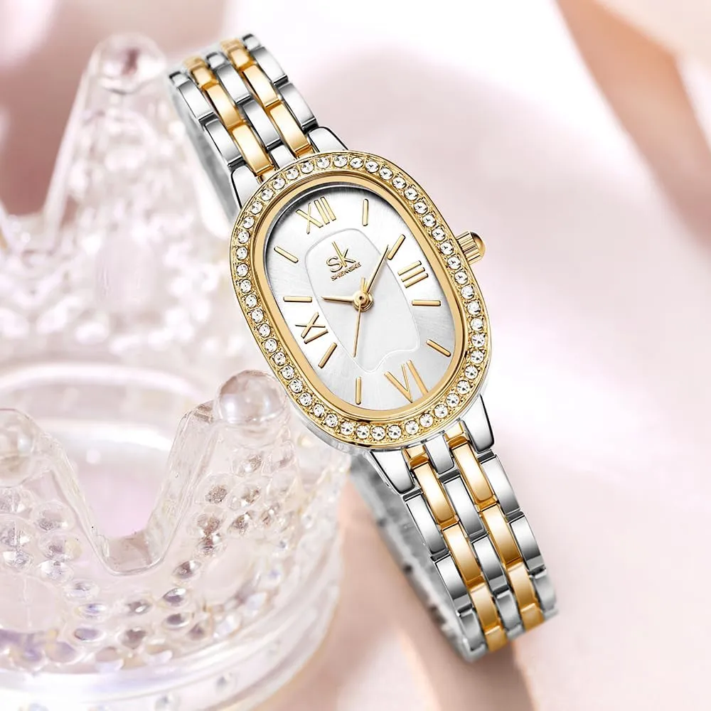Steel Bracelet Watch onslaught moisture heal SK Women??s Oval-Shaped Crystal-Accented Solid Alloy 