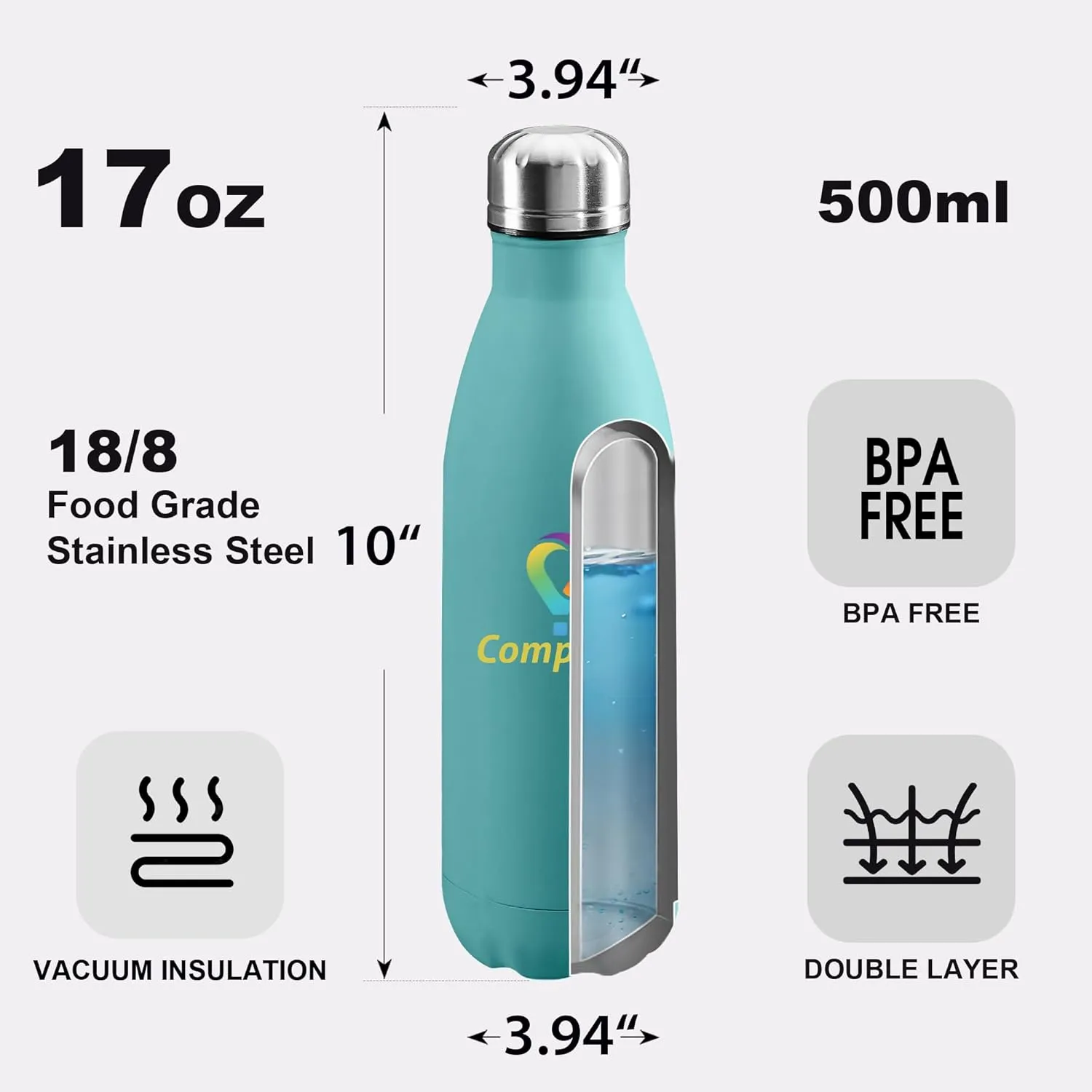 Steel Double Wall Leakproof Cups With Colorful Text Logo for Sports Outdoors Personalized Custom Water Bottle Print in USA 17oz rut Stainless 