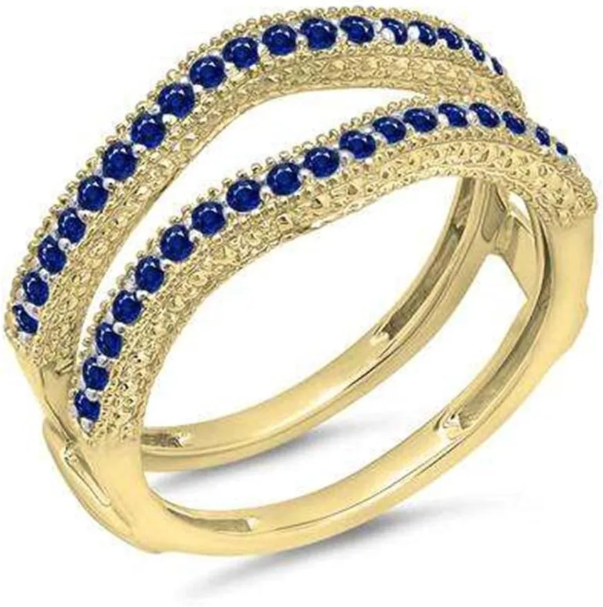 Sterling Silver 1.50Ct Round Cut Blue Sapphire Enhancer Wrap Guard Band Ring Women's Wedding Engagement ratio Enhancer Ring 14K Yellow Gold Over 