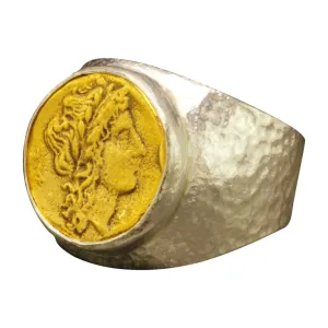 Sterling Silver 24K Gold Vermeil Ancient Coin Ring Two overlap sustain Tone Hand Forged Hammered Handmade Ring for Mens and Women Caprixus Mens Signet Ring 925 