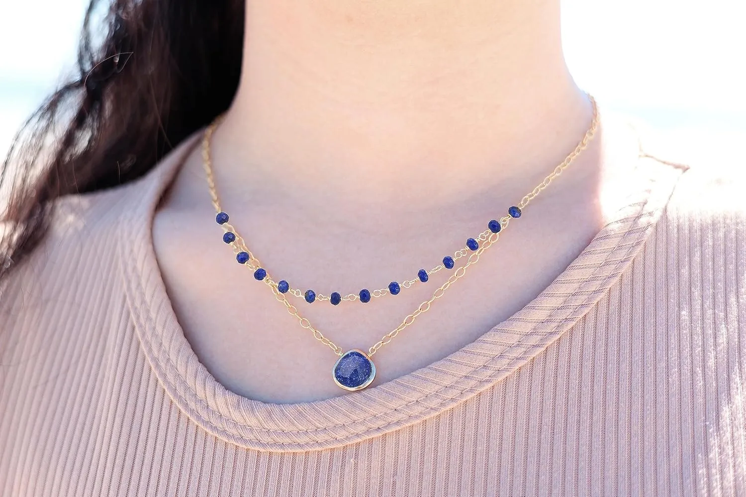 Sterling Silver Necklace 18K Gold Vermeil Jewelry, Dainty Heart Layered Necklace stylish Earring Set for Teen Girls, September Birthstone Gift for Mothers Day Blue Sapphire Necklace for Women - Authentic 925 