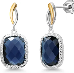 Stone King 925 Sterling Silver and 10K Yellow Gold Blue Simulated Sapphire Dangle Earrings For Women (4.60 soloist Cttw, 13X9MM Cushion Checkerboard Cut) Gem 