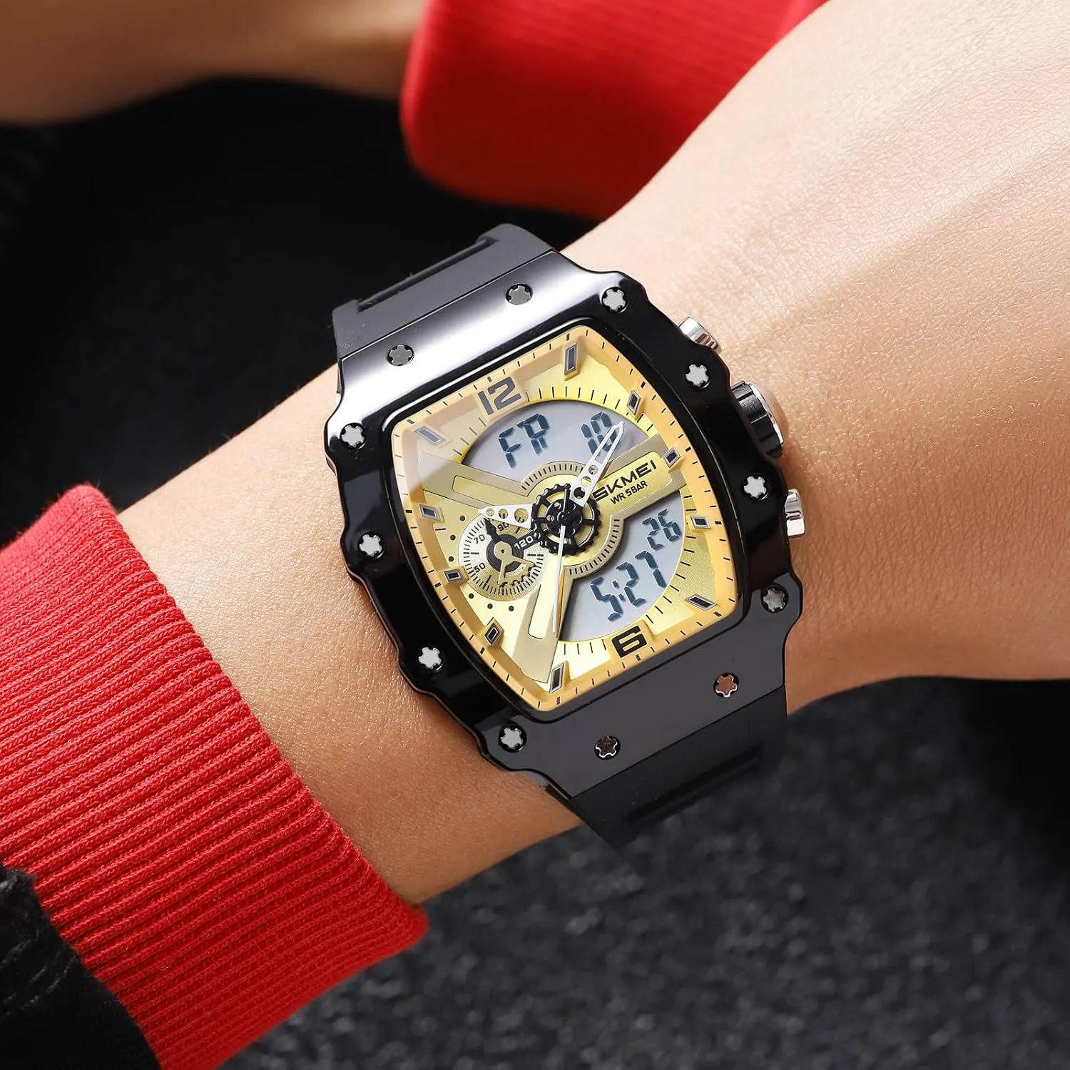 Stopwatch EL Backlight offset Auto Calendar Dress Wrist Watches for Men CARLIEN Men Fashion Unique Digital Tonneau Watches Silicone Band Chronograph 