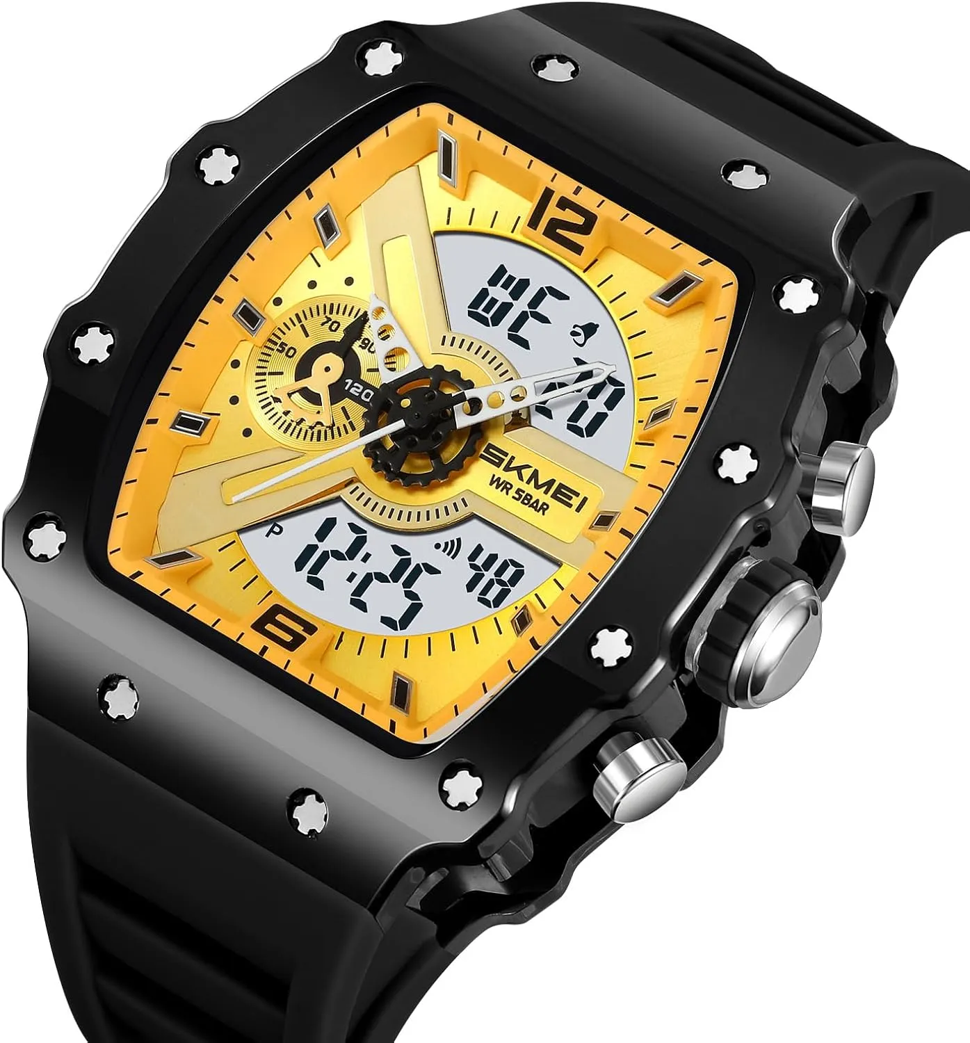 Stopwatch EL Backlight offset Auto Calendar Dress Wrist Watches for Men CARLIEN Men Fashion Unique Digital Tonneau Watches Silicone Band Chronograph 