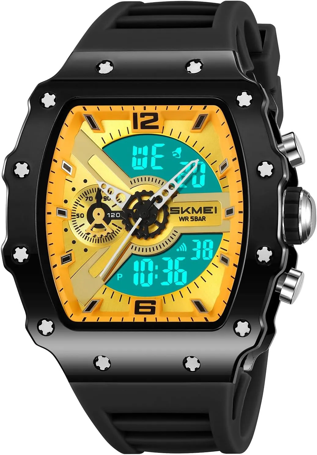 Stopwatch EL Backlight offset Auto Calendar Dress Wrist Watches for Men CARLIEN Men Fashion Unique Digital Tonneau Watches Silicone Band Chronograph 