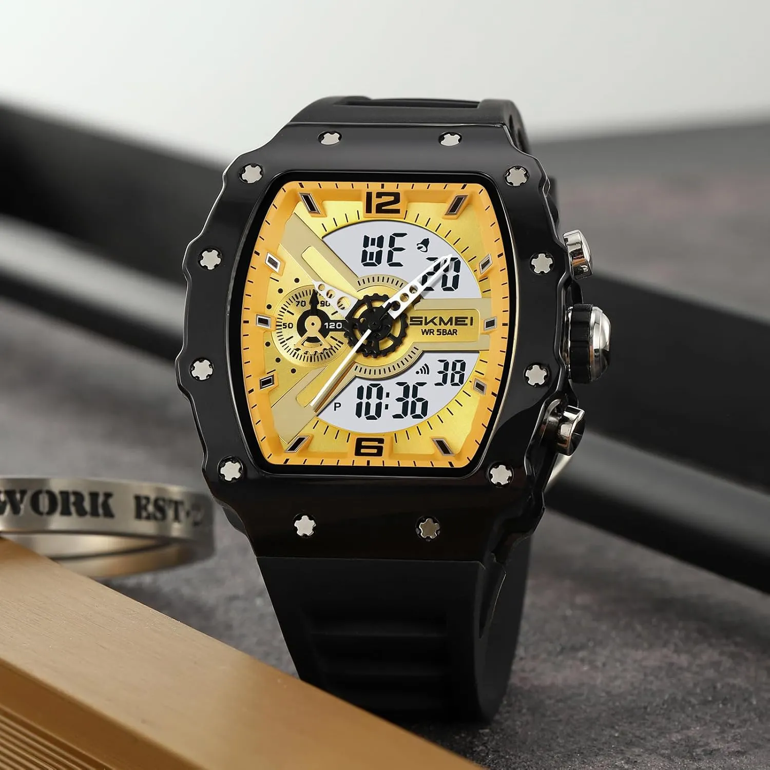 Stopwatch EL Backlight offset Auto Calendar Dress Wrist Watches for Men CARLIEN Men Fashion Unique Digital Tonneau Watches Silicone Band Chronograph 