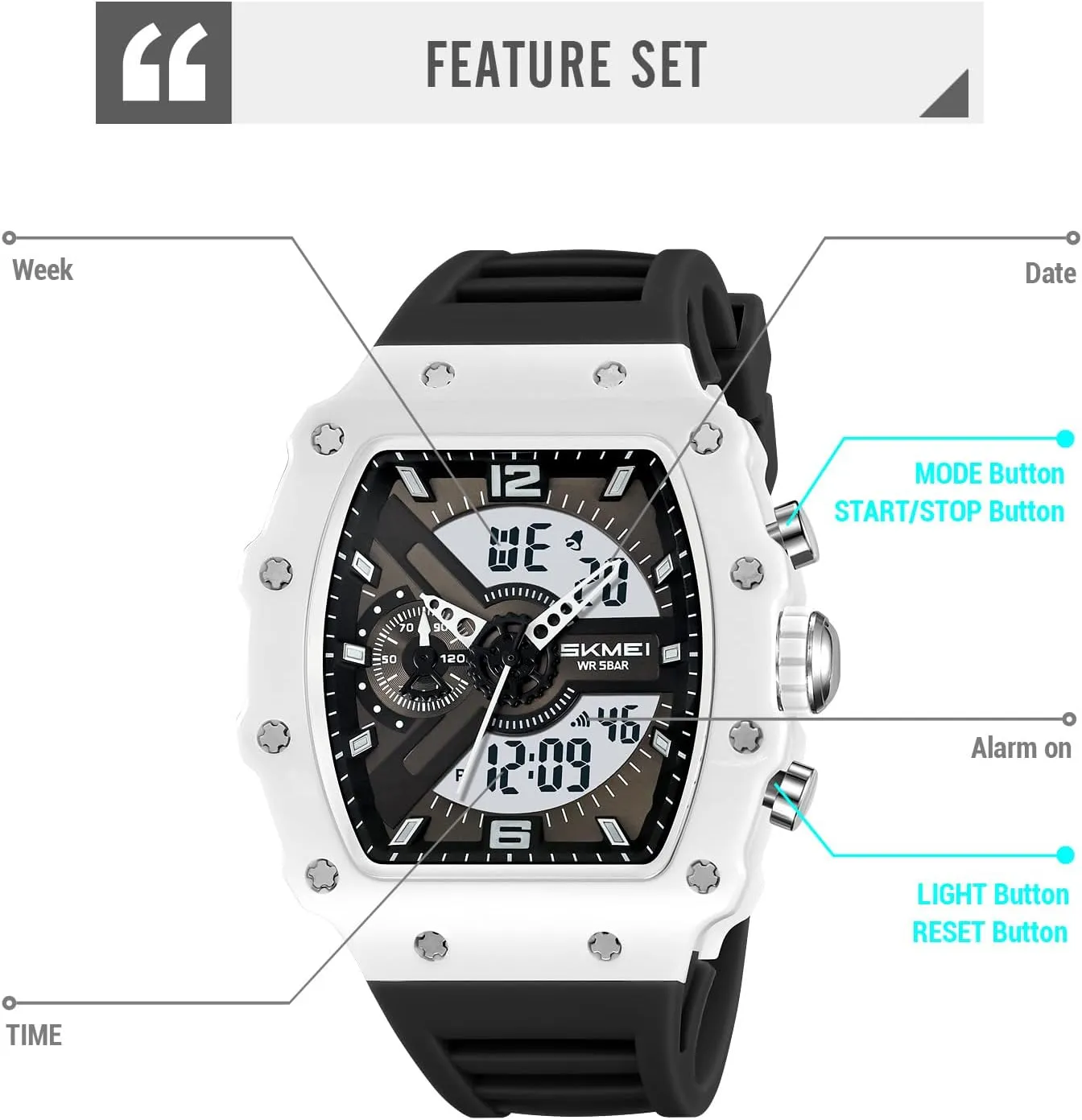Stopwatch EL Backlight offset Auto Calendar Dress Wrist Watches for Men CARLIEN Men Fashion Unique Digital Tonneau Watches Silicone Band Chronograph 