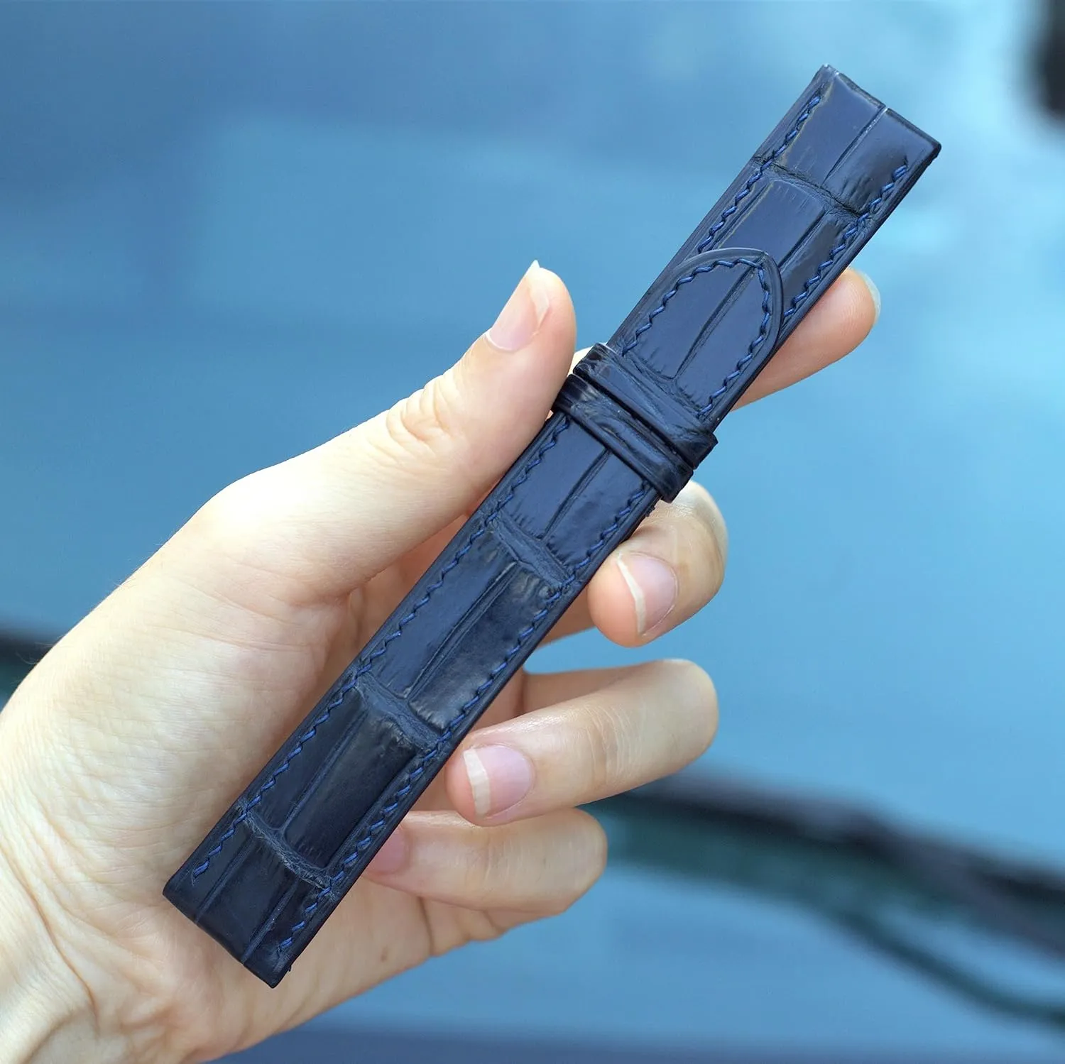 strap, Alligator watch band, handmade leather watch straps. 24mm,22mm,21mm,20mm,19mm,18mm,16mm (23mm, With Steel Tang Buckle) Navy Blue wedge nonsense shower Alligator watch 