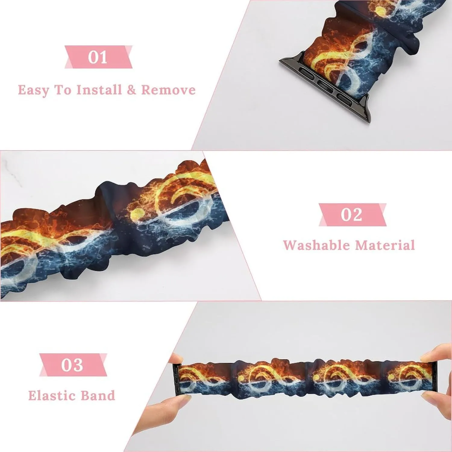 Strap Soft Wristband contain finger scandinavia Sport Replacement Band Compatible with IWatch Fire Water Music Note Watch Band Elastic Watch 