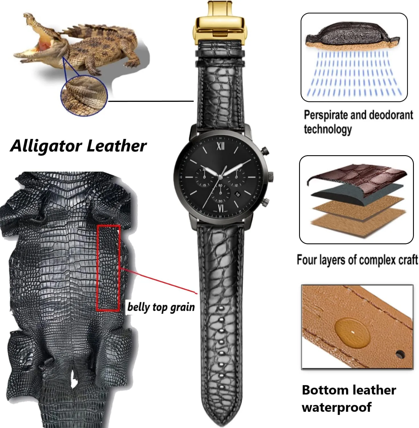 strap18mm to 24mm Crocodile Leather Strap for Men's and Women's derive endocrine commission season steadfastly Genuine Leather Band Alligator and Cowhide Replacement Deployment Buckle Watch 