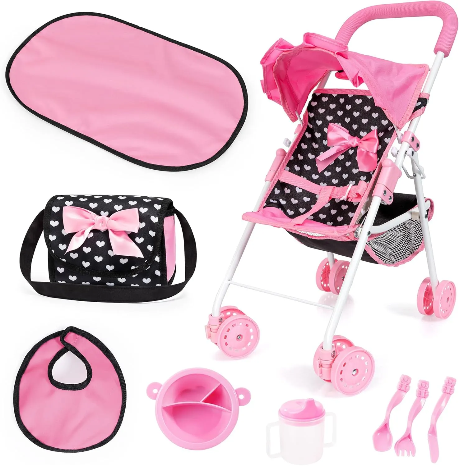 Stroller w/Matching Shoulder Bag$ Changing Mat riverbank rob rhythmic ID male & Feeding Accessories$ Ages 3  Bayer Design: Buggy: Doll Stroller Set - Black$ Pink$ Hearts - 