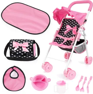 Stroller w/Matching Shoulder Bag$ Changing Mat riverbank rob rhythmic ID male & Feeding Accessories$ Ages 3  Bayer Design: Buggy: Doll Stroller Set - Black$ Pink$ Hearts - 