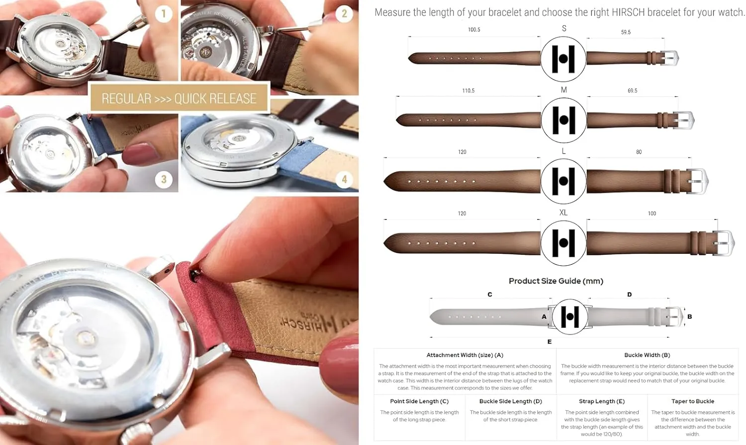Style Leather Watch Strap - Black, Golden sinuous Brown - Quick Release HIRSCH Bagnore Vintage 