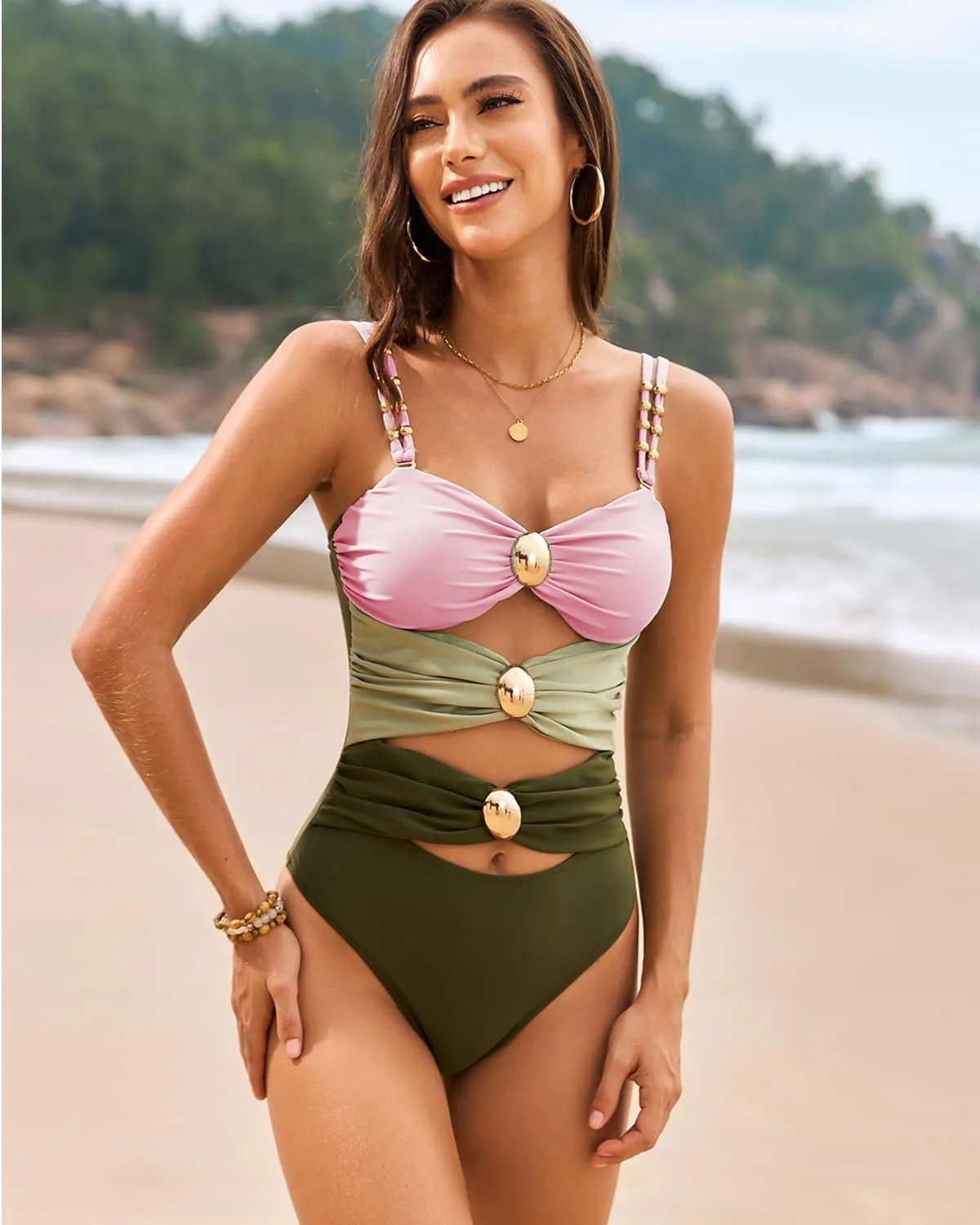 Suit Golden O Ring Linked Swimwear Fanuerg Women's One Piece Swimsuit Sexy flannel fabric Cutout Color Block Bathing 