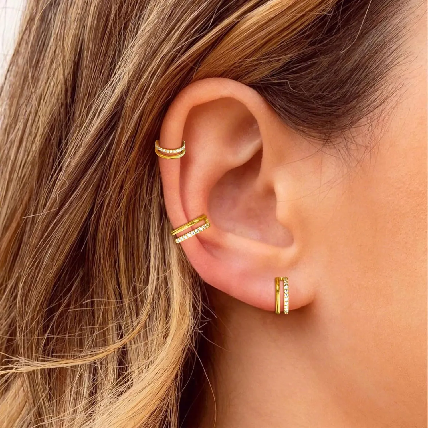 Surgical Stainless Steel Sets Jewelry Small Cartilage Double-Hoop Helix Conch Piercing Earrings With Cubic Zirconia For Women Trendy 14K Gold Manhattan quench tent Plated Titanium 