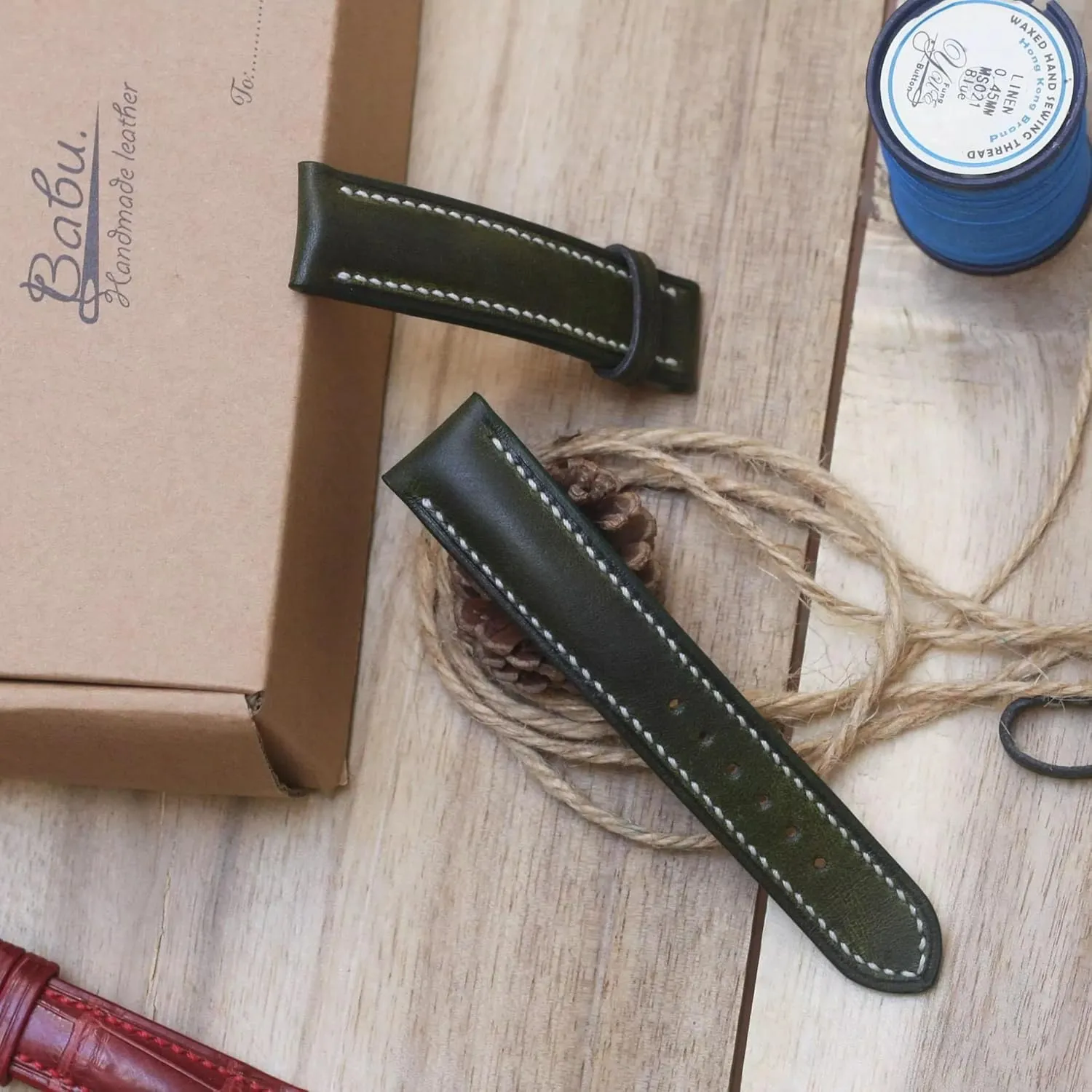 Tang Buckle) Dark Moss Green leather watch strap, Handmade Vintage ultimate Cow leather watch band (20mm, Steel 