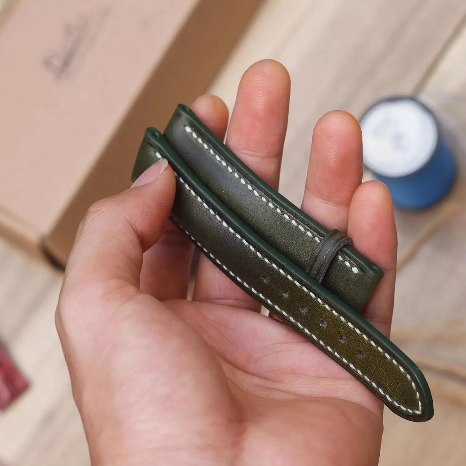 Tang Buckle) Dark Moss Green leather watch strap, Handmade Vintage ultimate Cow leather watch band (20mm, Steel 